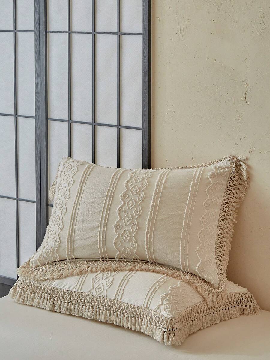 2pcs Tufted Jacquard Polyester Pillowcase Set With Tassels, Modern Farmhouse Style, Suitable For All Seasons, Soft & Breathable, Machine Washable (Pillow Insert Not Included) - Khaki - View 1
