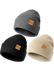 3pcs/1pc Unisex F&S Patch Knit Beanie,Solid Color Cuffed Winter Warm Skull Cap For Daily Outdoor Street Wear,Travel - Multicolor - View 10