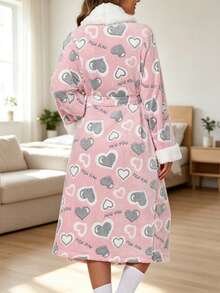 1pc Women's Flannel Heart Print Long Sleeve Hooded Tie Bathrobe Loungewear - Pink - View 5
