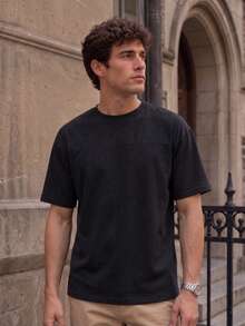 Men's Crew Neck Short Sleeve T-Shirt, Chest Patchwork Detail Loose Fit, Suitable For Casual Daily Wear - Black - View 2