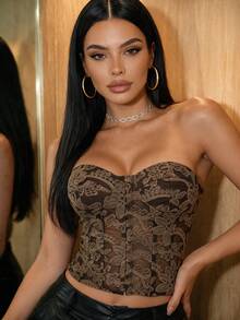 Vexica Brown Floral Lace Corset Top, Women's Strapless Fitted Tube Top With Back Lace-Up Design, Suitable For Party And Date Night - Brown - View 4