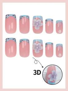 24片短方型法式美甲3D凝膠美甲貼，方型法式美甲假指甲套組，豹紋美甲藝術，法式美甲與漸層美甲，適合女性日常工作、派對及其他場合 - 彩色 - 查看 2