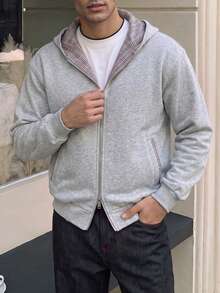 Men's Heather Grey Plaid Lined Zip Up Hoodie Sweatpants Set, Loose Casual Two Pieces Tracksuit Outfit - Grey - View 8