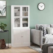 Vitrinekast, dressoir, opbergmeubel met 2 glazen deuren, 2 houten deuren, 4 verstelbare planken, voor woonkamer, kantoor, slaapkamer, wit - A - Bekijken 3