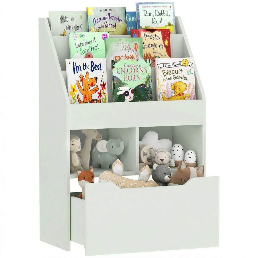 Multifunctionele boekenkast met 3 planken, 2 vakken en een grote houten lade in lichtgroen. - A - Bekijken 1