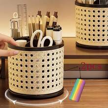 2pcs/1pc Retro Rattan‑Look Rotating Pen Holder, Multi‑Slot Makeup Brush Storage Organizer, Large‑Capacity Desktop Container, Vanity Cosmetic Brush Holder, Hollow Stylish Desk Organizer For Office & Student Stationery - Multicolor - View 12