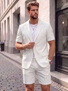 2pcs Men's Short Sleeve Suit Jacket And Shorts Set, Casual And Fashionable Daily Wear, Suitable As Gift For Male Friends - White - View 1