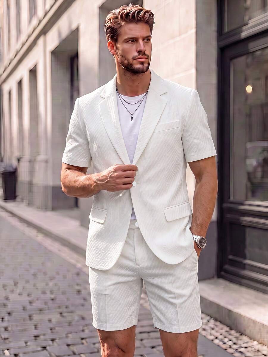 2pcs Men's Short Sleeve Suit Jacket And Shorts Set, Casual And Fashionable Daily Wear, Suitable As Gift For Male Friends - White - View 1