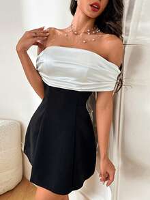 Autumn Bow Off-Shoulder Contrast Color Party Dress Elegant Dress For Dating - Black - View 3
