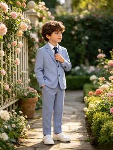 Tween Boys Handsome Fashion Gentleman Suit Set, 1 Jacket + 1 Pants + 1 Tie, Suitable For Wedding, Flower Boy, Performance, Christmas Party, Banquet And Other Formal Occasions - Baby Blue - View 7