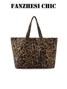 Tote Bag Maillard Classic Leopard Print Durable Contrast Stitching Compartment Design Wide Strap Minimalist Open Top Hot Girl Daily Shopping Commuting Can Fit Books Laptop Large Capacity Shoulder Handbag - Brown - View 7
