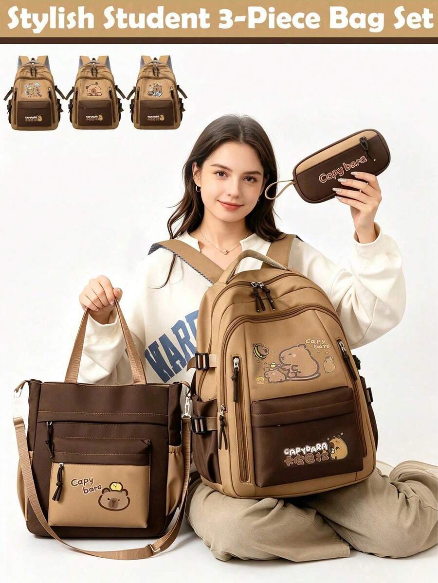 3pcs Cute Capybara Themed Backpack Set, Includes Tote Bag And Pencil Case, Durable Nylon Material, Multi-Pocket Design, Tablet Compartment, Suitable For Daily Commute And School