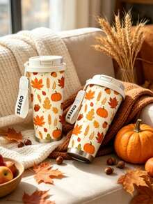 1pc/5pcs 500ml Thanksgiving Autumn Harvest Pattern Insulated Coffee Cup, With Carrying Strap, Reusable Travel Insulated Coffee Cup, Fashionable Drinking Cup, For Iced Coffee, Birthday Holiday Gift For Boyfriend, Pumpkin Maple Leaf Print, Couple Water Cup Suitable For Camping, Road Trips And Holiday Gifts - Multicolor - View 2