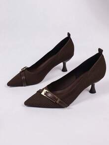 Women's Vintage Knitted Pointed Toe Kitten Heel Pumps, Metal Buckle Decor Low-Cut Elegant Commuter Stiletto Heels, Versatile Soft Mid-Heel Office Shoes, Suitable For Party And Date - Brown - View 6