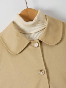 1pc Girls Khaki Mid-Length Thin Spring/Autumn Trench Coat, Peter Pan Collar, Single-Breasted, Back 3D Big Bow, Versatile Long Jacket - Khaki - View 5