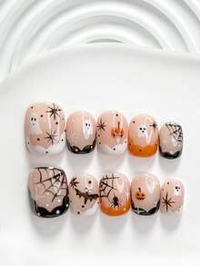 10pcs Halloween Theme Vintage Gothic Style Handmade Press-On Nails, Polygel Nail Art Set, Little Ghost Spider Web Pattern, White And Orange Nail Polish, Exquisite Style, Includes Nail Tools, 3 Sizes Available: Square, Short Square, Almond, Suitable For Parties, Balls, Daily Wear - Multicolor - View 17