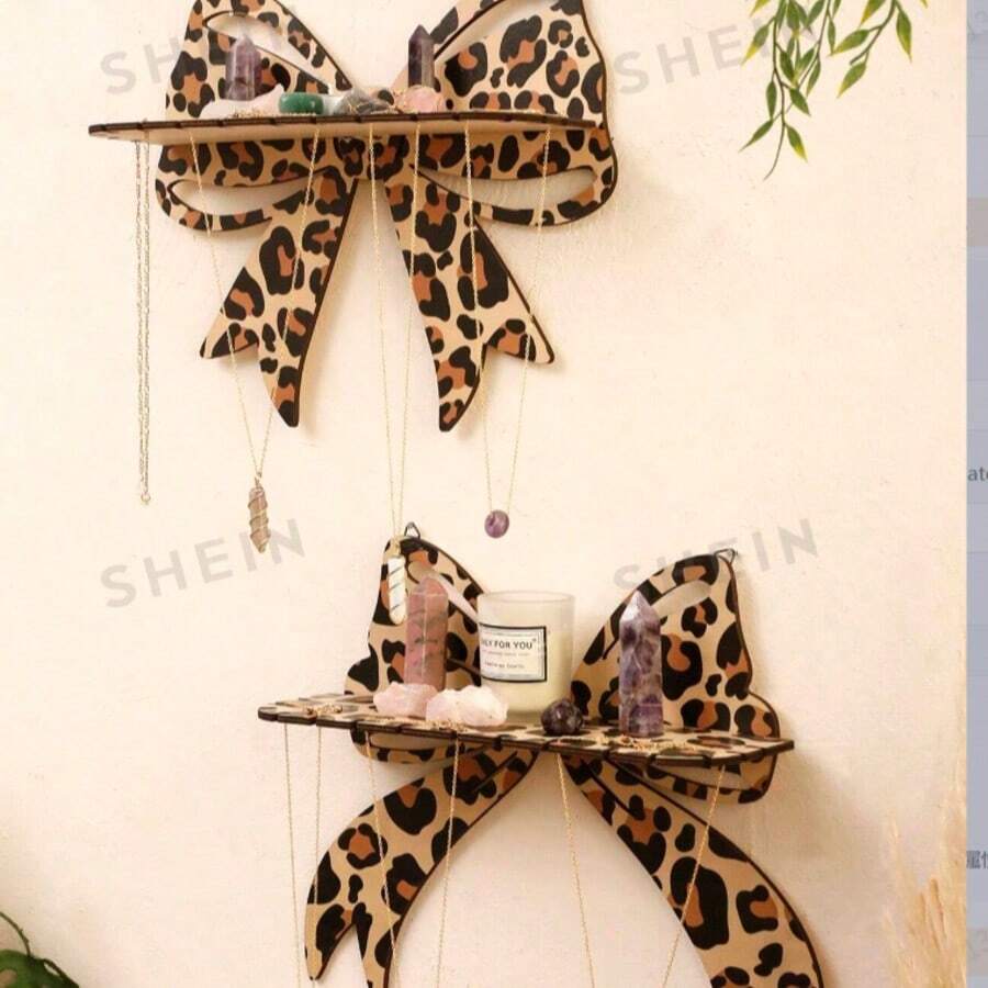1pc Leopard Print Bow Wall Hanging Rack, Wooden Crystal Display Stand With Hooks, Decorative Hanging Jewelry Storage Rack, Suitable For Bedroom, Living Room Or Vanity, Leopard Print Design, Home Decor, Room Decor, Wall Decor Gift, Birthday Graduation Gift - Leopard Print Bow - View 1