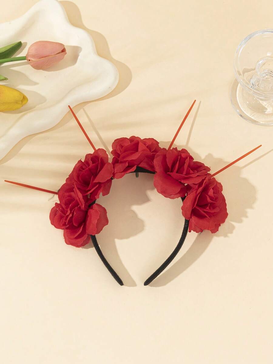 1PC Fashionable Elegant Flower Headband, Suitable For Halloween Holiday Costume, Casual Polyester Fiber Headband, All Seasons - Red - View 1