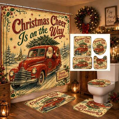 1pc/4pcs Christmas Red Truck Multi-Function Bathroom Decor Shower Curtain Set, Free 12 Hooks, Premium Holiday Atmosphere, Bathroom Mat, U-Shaped Rug And Round Toilet Lid Cover, Suitable For All Christmas Scenes Decoration