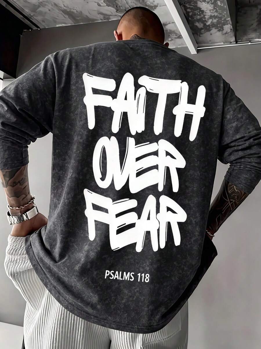 Men's English Print Spring/Autumn Faux Washed Drop Shoulder Loose Crew Neck Long Sleeve T-Shirt - Black - View 1