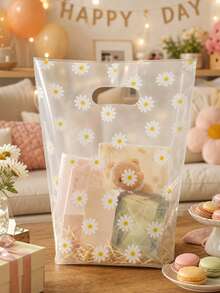 100/50/20/10pcs White Daisy Pattern Plastic Shopping Bags, Premium Retail Transparent PET Gift Bags, Suitable For Party Favors, Baking Packaging, Supermarket Shopping And Picnic, Picnic Essentials, Transparent Design, Sturdy Structure, Gift Bags - Transparent - View 6