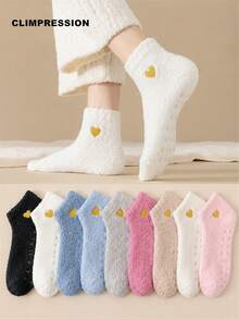 CLIMPRESSION Women's Fluffy Coral Fleece Socks, Cute Heart Embroidered Non-Slip Slipper Socks, Warm Soft Comfortable Winter Sleep Home Socks - Hot Pink - View 13