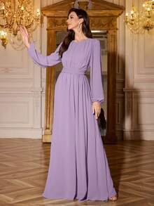 Volly Toych Elegant Long Sleeves Chiffon Maxi Bridesmaid Dress, Sleeves Without Lining, With Ruched Bust Scoop Neck For Special Occasions, Perfect For Events - Dusty Purple - View 5