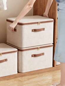 Linen‑Look Clothes Storage Box, Zipper Fabric Closet Organizer With Reinforced Handles, Dust‑Proof Storage Bin For Quilts, Sweaters, Shirts, Wardrobe Bedroom Tidying - Beige - View 2