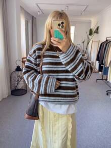 HoloChill Women's Young Influencer Casual Style Vintage Coffee Blue Striped Knit Pullover Sweater, Long Sleeve Ribbed Knit, Suitable For Daily Wear Pullover Fall Casual 2026 New Arrival Fall Sweater, Women's Elegant Outing Outfit Back To School Homecoming Fall/Winter French - Blue - View 6