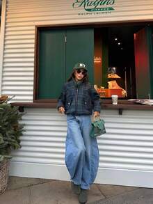 Women's Fashion Plaid Short Flight Jacket, Long Sleeve, Front Button Detail, Non-Stretch Fabric, Suitable For Winter - Green - View 2