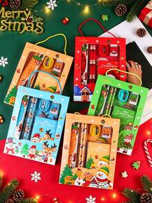 Christmas Gift Prize Portable 6-Piece Set, Cute Cartoon Pattern - Includes Pencil, Eraser, Pencil Sharpener, Sticky Notes, Ruler - Perfect Holiday Gift Box Packaging, Christmas Decoration - Holiday Gift Activity Competition Prize - Multicolor - View 2