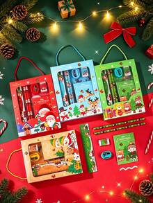 Christmas Gift Prize Portable 6-Piece Set, Cute Cartoon Pattern - Includes Pencil, Eraser, Pencil Sharpener, Sticky Notes, Ruler - Perfect Holiday Gift Box Packaging, Christmas Decoration - Holiday Gift Activity Competition Prize - Multicolor - View 6