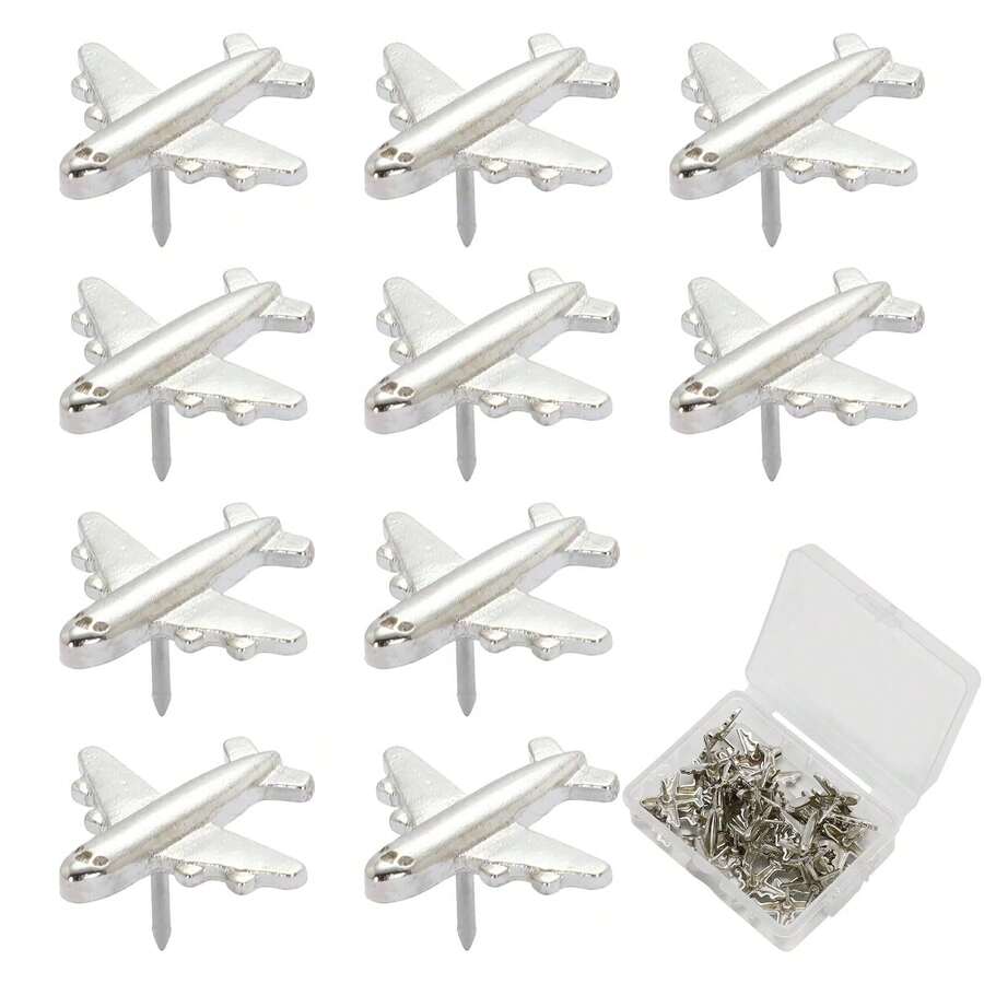 Luxury Zinc Alloy Silver Tone Airplane Shape Push Pins Decorative Thumbtacks For Travel Destination Map Marking Bulletin Cork Felt Board DIY Office Decor - Sets - View 1