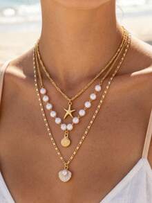 3pcs/Set Summer Fashion Bohemian Style Colorful Faux Pearl Shell Pendant Women's Multi-Layer Layered Necklace Set, Suitable For Beach Vacation, Travel - Multicolor - View 1