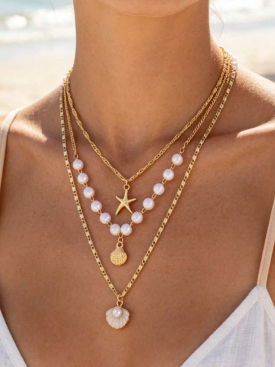 3pcs/Set Summer Fashion Bohemian Style Colorful Faux Pearl Shell Pendant Women's Multi-Layer Layered Necklace Set, Suitable For Beach Vacation, Travel - Multicolor - View 1
