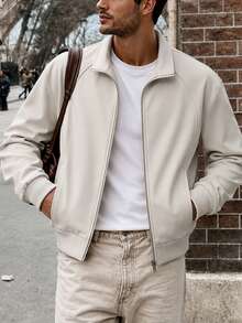 Men's Light Beige Stand Collar Zipper Flight Jacket, With Perforated Details, Side Pockets, Ribbed Cuffs And Hem, Casual Autumn Daily Wear Outerwear - Apricot - View 1