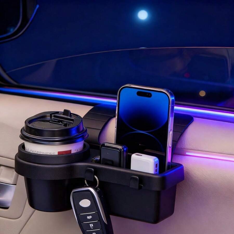 1PC Multi-Function Car Storage Box - Integrated Cup Holder, Beverage Holder, Window Side Phone Slot And Hanging Storage Rack; Made Of Durable ABS Material, Easy Installation, Space-Saving Design