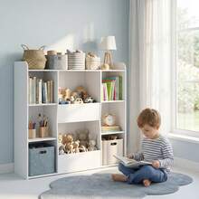 Kinderopbergmeubel, kinderboekenkast met 8 vakken en een bovenplank, 104 x 29 x 101,5 cm, wit - A - Bekijken 4