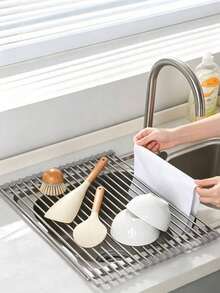 Foldable Sink Drying Rack, With Stainless‑Steel Poles And Silicone Edging. Available In Multiple Sizes And Colors, Heat‑Resistant, For Draining Tableware. It Can Be Rolled Up For Storage After Use To Save Kitchen Space. - Multiple Specifications - View 6