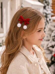 2pcs Christmas Glitter Hair Bows For Girls Fluffy Pom Pom Decor Holiday Party Alligator Clips Sweet Daily Hair Clips Kids Hair Accessories - Multicolor - View 3