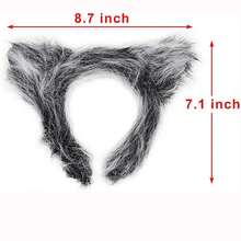 3pcs Wolf Ear Headband + Plush Wolf Gloves + Tail Set, Handmade Faux Fur Cosplay Halloween Costume Party - Grey - View 5