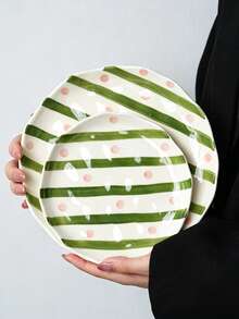 2pcs/1pc Hand Painted Striped & Polka Dot Ceramic Plates Set, Asymmetrical Wavy Rim Dinner Plates, Green Stripe Pink Dot Salad Dessert Serving Dishes, Microwave & Dishwasher , Tableware For Home Kitchen - Multicolor - View 13