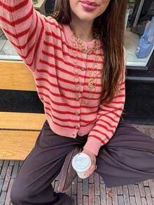 Women's Round-Neck Color-Block Striped Cardigan: Loose-Fit, Casual, Fashionable, Versatile, Retro, Street Style, And Commuter-Friendly For Fall/Winter - Multicolor - View 5