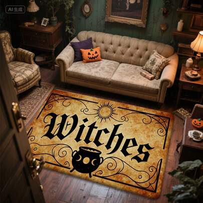 1pc Vintage Yellowed Old Paper Texture, Witches Artistic Font, Magic Cauldron, Sun, Star, Moon Mysterious Floral Border, Witch Dark Retro Style; Flannel Fabric, Rubber Non-Slip Bottom, Absorbent, Machine Washable; Entryway, Foyer, Kitchen, Halloween Party, Witch Theme Decoration, Holiday Housewarming Gift