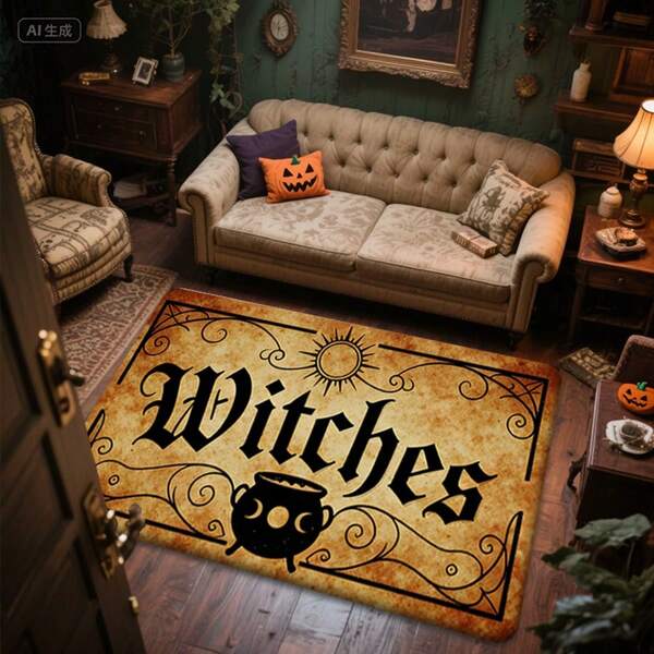 1pc Vintage Yellowed Old Paper Texture, Witches Artistic Font, Magic Cauldron, Sun, Star, Moon Mysterious Floral Border, Witch Dark Retro Style; Flannel Fabric, Rubber Non-Slip Bottom, Absorbent, Machine Washable; Entryway, Foyer, Kitchen, Halloween Party, Witch Theme Decoration, Holiday Housewarming Gift
