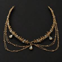 Grecian Gold Leaf Crystal Head Chain With Tassels, Boho Bridal Forehead Headpiece For Wedding - Gold - View 6