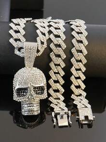 Hip-Hop Style Full Rhinestone Skull Pendant Cuban Chain Necklace, Dark Personalized Streetwear Accessory, Suitable For Rap Performance, Halloween Party, Cool Unisex Niche Gift Jewelry - Skull Pendant Necklace - View 13