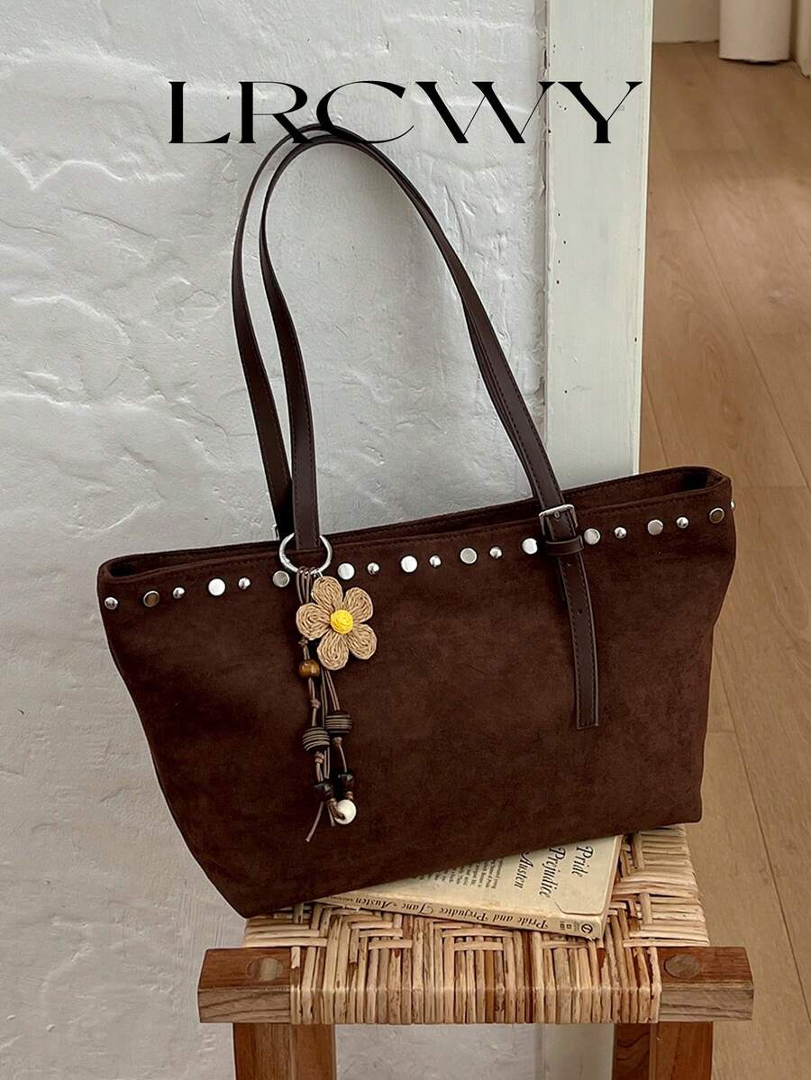 Women's Shoulder Tote Bag, Fashionable Elegant Autumn/Winter Matte Large Capacity Coffee Color Bag With Rivet Embellishment - Coffee - View 1