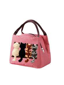 2D Plush (4 Cats) Back View Striped Lunch Box, Pet Pattern Tote Bag,Portable Picnic Bag, Unisex Lunch Bag, Zipper Closure, Suitable For Cat Lovers,An Excellent Gift Choice For Students, Teachers, Birthdays, Or Anniversaries. - Multicolor - View 11