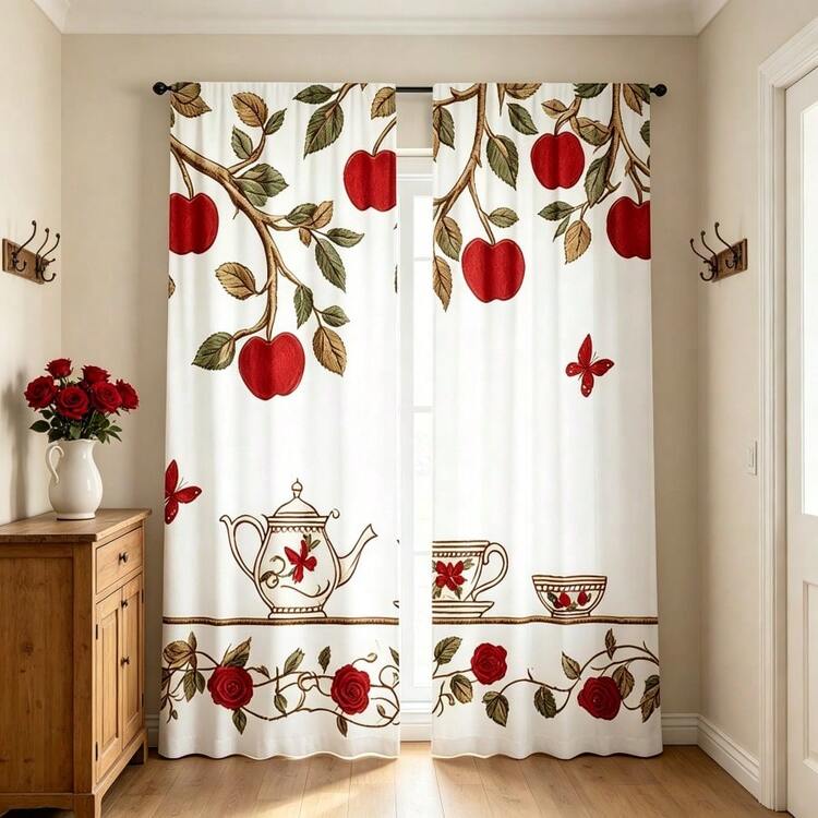 2pcs White Apple Tea Set Printed Curtains, Red Rose Vine, Red Butterfly, Green Leaf Pattern, 2D Flat Print, Translucent Fabric, Rod Pocket Design, Suitable For Kitchen, Dining Room, Living Room Window Decor, Country Style Curtains - Multicolor - View 2